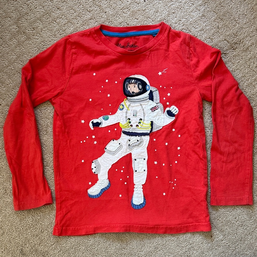 EUC Mini Boden astronaut appliqué long sleeve top sz 7-8
